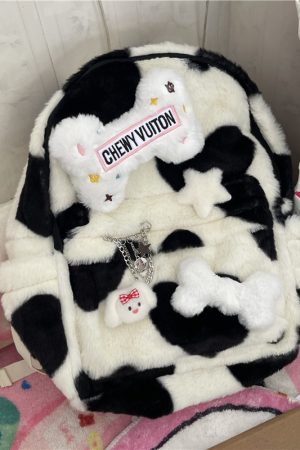 Fluffy Cow-Themed Backpack for Students, Double Shoulder Bag, Niche Streetwear, Cute Plush Design, Trendy and Functional