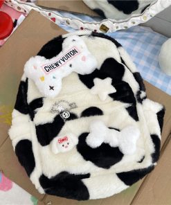 Fluffy Cow-Themed Backpack for Students, Double Shoulder Bag, Niche Streetwear, Cute Plush Design, Trendy and Functional