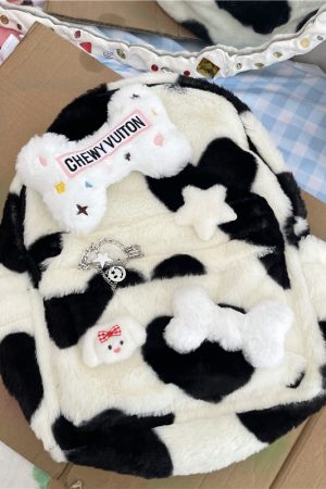 Fluffy Cow-Themed Backpack for Students, Double Shoulder Bag, Niche Streetwear, Cute Plush Design, Trendy and Functional