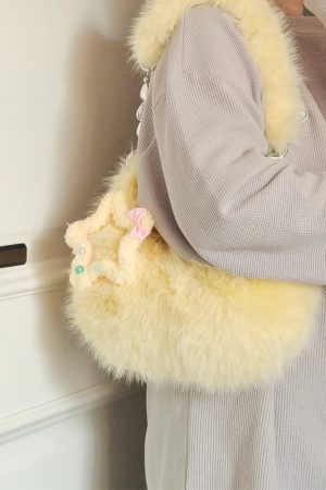 Fluffy Dumpling Shoulder Tote Bag in Cute Cheese Color - Plush Crossbody Bag for Women - Trendy Autumn Winter Style