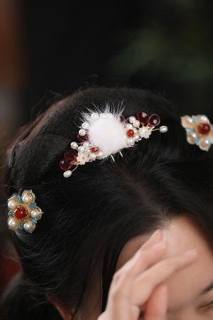 Fluffy Hanfu Hair Crown for Women - Ancient Style U-Shaped Hairpin Accessories for Autumn Winter Costumes and Wigs