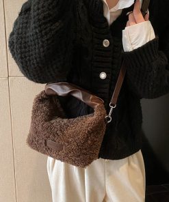 Fluffy Lamb Wool Handbag for Women - 2025 Spring Summer Fleece Tote Bag, Soft Shoulder Crossbody Style