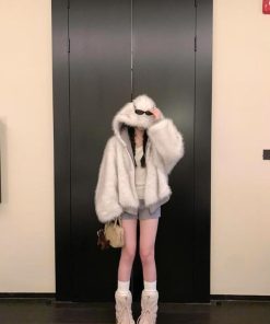 Fluffy Reversible Winter Coat for Women - Thick Hooded with Pumpkin Dye and Snowman Design - Korean Style Fashion Outerwear