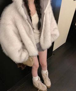 Fluffy Reversible Winter Coat for Women - Thick Hooded with Pumpkin Dye and Snowman Design - Korean Style Fashion Outerwear