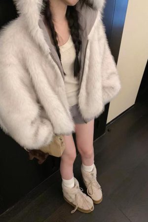 Fluffy Reversible Winter Coat for Women - Thick Hooded with Pumpkin Dye and Snowman Design - Korean Style Fashion Outerwear