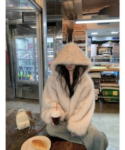 Fluffy Reversible Winter Coat for Women - Thick Hooded with Pumpkin Dye and Snowman Design - Korean Style Fashion Outerwear