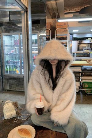 Fluffy Reversible Winter Coat for Women - Thick Hooded with Pumpkin Dye and Snowman Design - Korean Style Fashion Outerwear