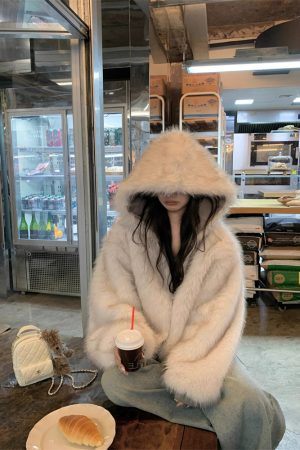 Fluffy Reversible Winter Coat for Women - Thick Hooded with Pumpkin Dye and Snowman Design - Korean Style Fashion Outerwear
