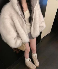 Fluffy Reversible Winter Coat for Women - Thick Hooded with Pumpkin Dye and Snowman Design - Korean Style Fashion Outerwear