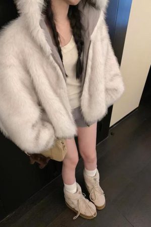 Fluffy Reversible Winter Coat for Women - Thick Hooded with Pumpkin Dye and Snowman Design - Korean Style Fashion Outerwear