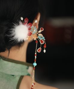 Fluffy U-Shaped Hairpin with Tassels, Ancient Style Hair Accessories for Hanfu, Autumn & Winter Bun Decor, Fairy Aesthetic