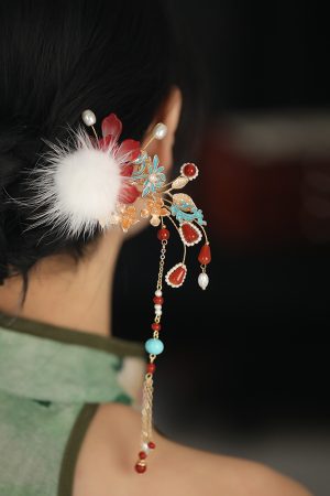 Fluffy U-Shaped Hairpin with Tassels, Ancient Style Hair Accessories for Hanfu, Autumn & Winter Bun Decor, Fairy Aesthetic