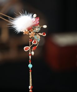 Fluffy U-Shaped Hairpin with Tassels, Ancient Style Hair Accessories for Hanfu, Autumn & Winter Bun Decor, Fairy Aesthetic