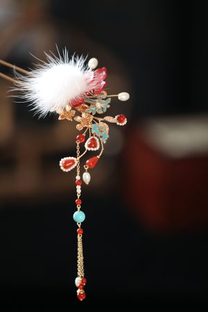 Fluffy U-Shaped Hairpin with Tassels, Ancient Style Hair Accessories for Hanfu, Autumn & Winter Bun Decor, Fairy Aesthetic