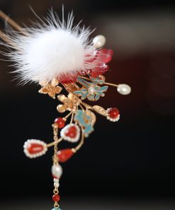 Fluffy U-Shaped Hairpin with Tassels, Ancient Style Hair Accessories for Hanfu, Autumn & Winter Bun Decor, Fairy Aesthetic