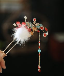 Fluffy U-Shaped Hairpin with Tassels, Ancient Style Hair Accessories for Hanfu, Autumn & Winter Bun Decor, Fairy Aesthetic