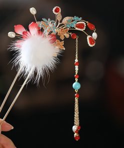 Fluffy U-Shaped Hairpin with Tassels, Ancient Style Hair Accessories for Hanfu, Autumn & Winter Bun Decor, Fairy Aesthetic