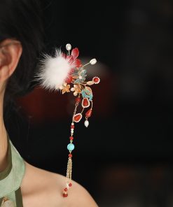 Fluffy U-Shaped Hairpin with Tassels, Ancient Style Hair Accessories for Hanfu, Autumn & Winter Bun Decor, Fairy Aesthetic