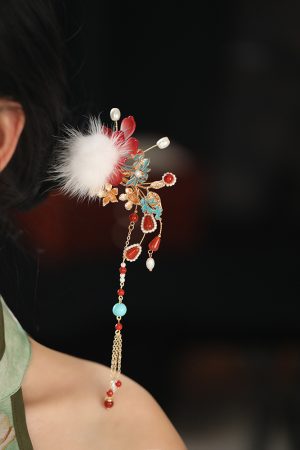 Fluffy U-Shaped Hairpin with Tassels, Ancient Style Hair Accessories for Hanfu, Autumn & Winter Bun Decor, Fairy Aesthetic