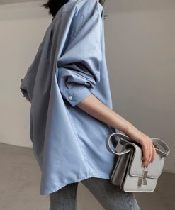 Fog Haze Blue Oversized Casual Shirt - High-Quality, Wrinkle-Resistant, Luxury Layered Loose Top for Women - 90s Inspired Fashion