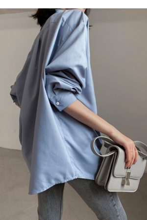 Fog Haze Blue Oversized Casual Shirt - High-Quality, Wrinkle-Resistant, Luxury Layered Loose Top for Women - 90s Inspired Fashion