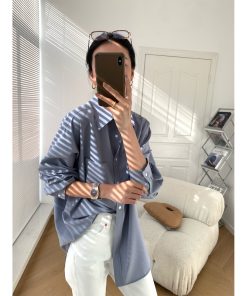 Fog Haze Blue Oversized Casual Shirt - High-Quality, Wrinkle-Resistant, Luxury Layered Loose Top for Women - 90s Inspired Fashion