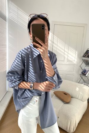 Fog Haze Blue Oversized Casual Shirt - High-Quality, Wrinkle-Resistant, Luxury Layered Loose Top for Women - 90s Inspired Fashion