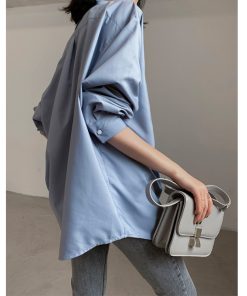 Fog Haze Blue Oversized Casual Shirt - High-Quality, Wrinkle-Resistant, Luxury Layered Loose Top for Women - 90s Inspired Fashion