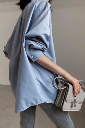 Fog Haze Blue Oversized Casual Shirt - High-Quality, Wrinkle-Resistant, Luxury Layered Loose Top for Women - 90s Inspired Fashion
