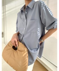 Fog Haze Blue Oversized Casual Shirt - High-Quality, Wrinkle-Resistant, Luxury Layered Loose Top for Women - 90s Inspired Fashion