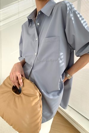 Fog Haze Blue Oversized Casual Shirt - High-Quality, Wrinkle-Resistant, Luxury Layered Loose Top for Women - 90s Inspired Fashion