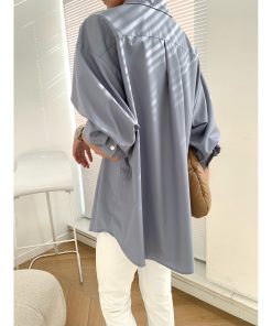 Fog Haze Blue Oversized Casual Shirt - High-Quality, Wrinkle-Resistant, Luxury Layered Loose Top for Women - 90s Inspired Fashion