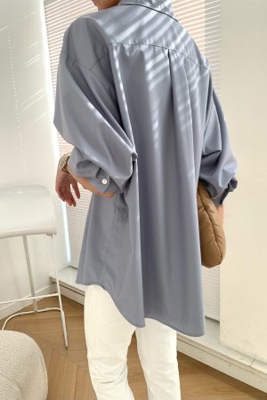 Fog Haze Blue Oversized Casual Shirt - High-Quality, Wrinkle-Resistant, Luxury Layered Loose Top for Women - 90s Inspired Fashion