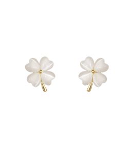Forest Style Four-Leaf Clover Cat's Eye Stone Ear Clips - No Ear Holes, Cute High-End Elegant Accessories for Ethereal Fashion