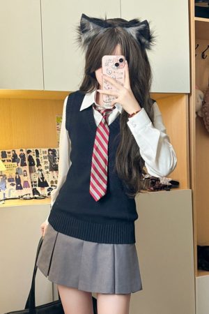 Four-Piece Pudding Bear JK Uniform Set - Skirt, Shirt, Sweater Vest, College Style, Women's Japanese Autumn Winter Outfit