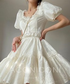 Fragrant Sugar Rose Heavy Embroidery Puff Skirt Summer Sweet Set Dress with French Square Neck