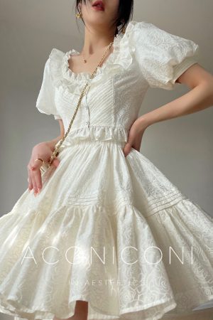 Fragrant Sugar Rose Heavy Embroidery Puff Skirt Summer Sweet Set Dress with French Square Neck