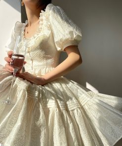 Fragrant Sugar Rose Heavy Embroidery Puff Skirt Summer Sweet Set Dress with French Square Neck