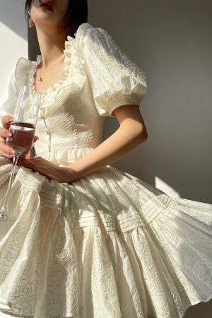 Fragrant Sugar Rose Heavy Embroidery Puff Skirt Summer Sweet Set Dress with French Square Neck