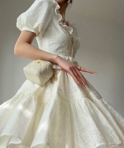 Fragrant Sugar Rose Heavy Embroidery Puff Skirt Summer Sweet Set Dress with French Square Neck