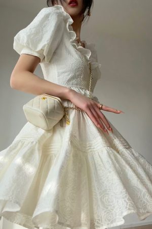 Fragrant Sugar Rose Heavy Embroidery Puff Skirt Summer Sweet Set Dress with French Square Neck