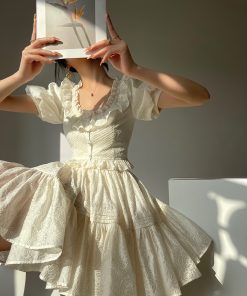 Fragrant Sugar Rose Heavy Embroidery Puff Skirt Summer Sweet Set Dress with French Square Neck