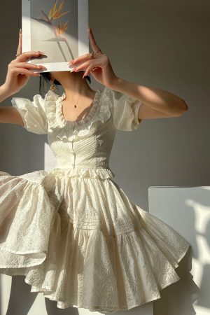 Fragrant Sugar Rose Heavy Embroidery Puff Skirt Summer Sweet Set Dress with French Square Neck