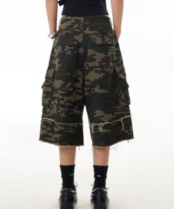 Frayed Wide-Leg Denim Capris for Women - Camouflage Wasteland Style, Retro Casual Streetwear, Loose Fit