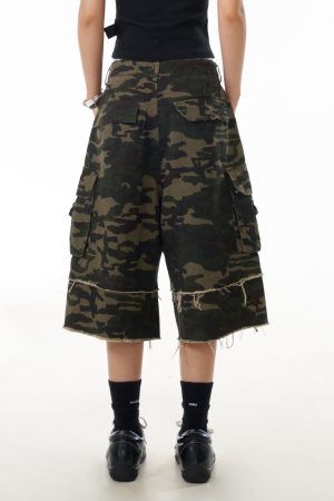 Frayed Wide-Leg Denim Capris for Women - Camouflage Wasteland Style, Retro Casual Streetwear, Loose Fit