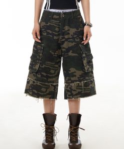 Frayed Wide-Leg Denim Capris for Women - Camouflage Wasteland Style, Retro Casual Streetwear, Loose Fit