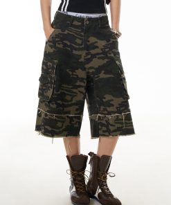 Frayed Wide-Leg Denim Capris for Women - Camouflage Wasteland Style, Retro Casual Streetwear, Loose Fit