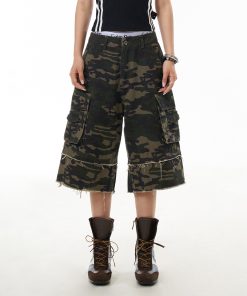 Frayed Wide-Leg Denim Capris for Women - Camouflage Wasteland Style, Retro Casual Streetwear, Loose Fit