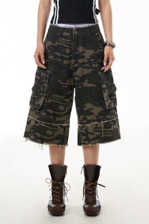Frayed Wide-Leg Denim Capris for Women - Camouflage Wasteland Style, Retro Casual Streetwear, Loose Fit