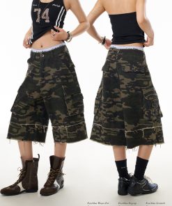 Frayed Wide-Leg Denim Capris for Women - Camouflage Wasteland Style, Retro Casual Streetwear, Loose Fit